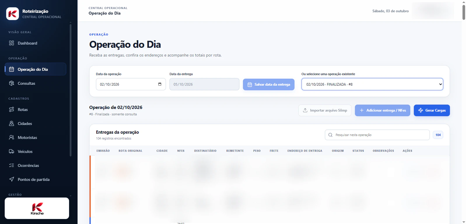 Tela central da operação diária da transportadora