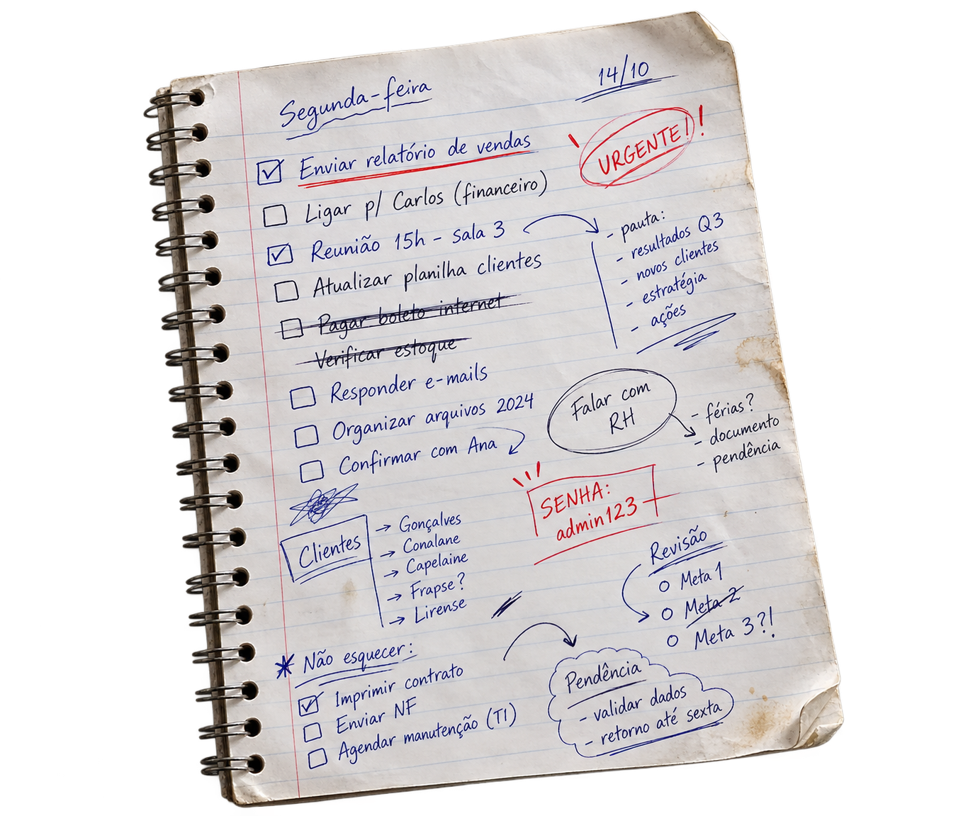 Caderno espiral usado e cheio de anotações manuais